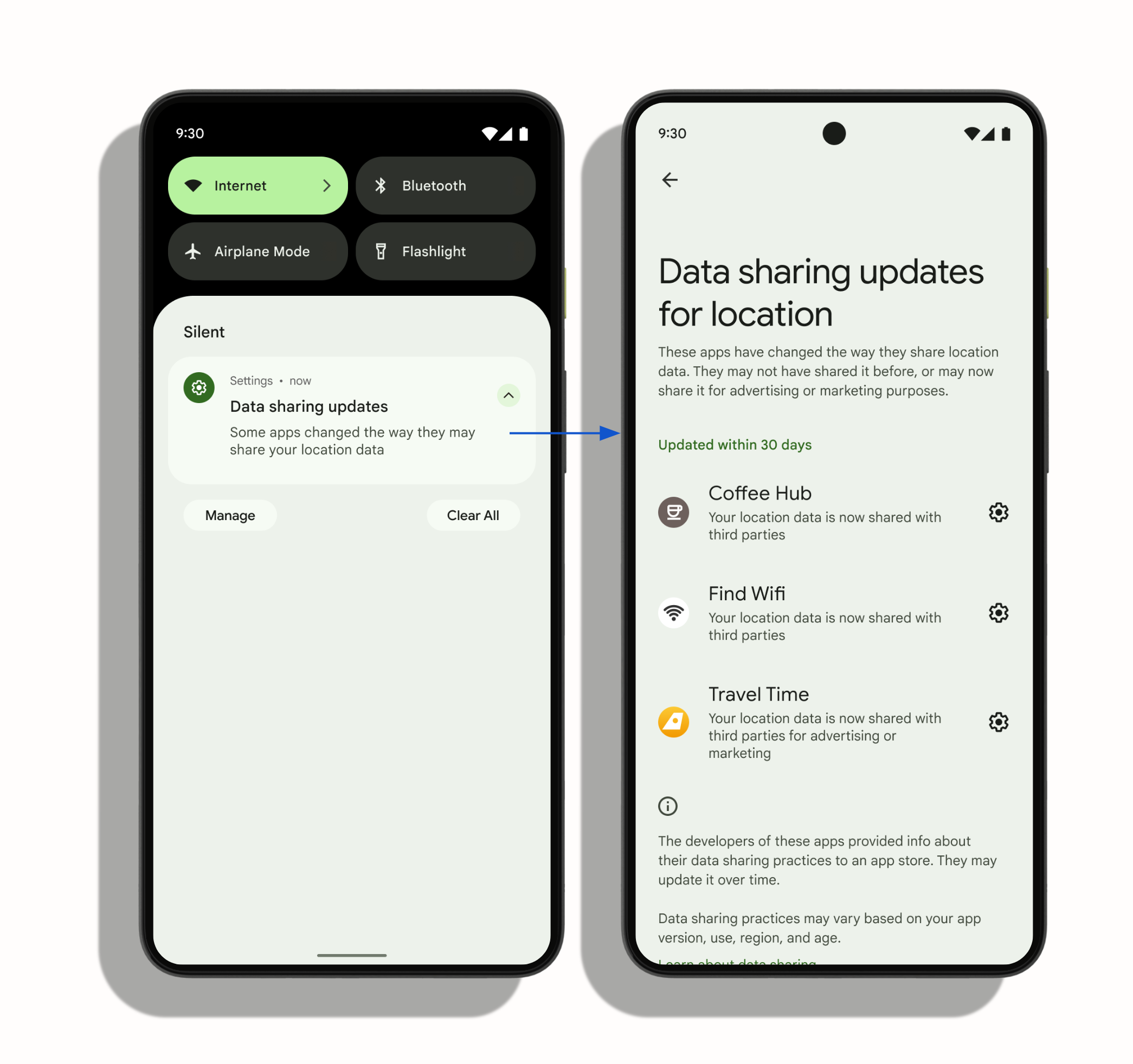Saat pengguna mengetuk di mana saja pada notifikasi sistem, pemuatan halaman
'Update berbagi data untuk lokasi' di setelan sistem. Daftar di dekat
bagian tengah layar menampilkan aplikasi yang telah mengubah
praktik berbagi data mereka