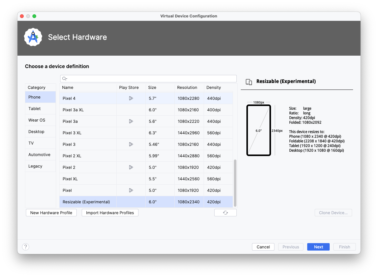 The Device Manager window displays a prompt to choose a device definition. A list of options displays with a search field above it. The category