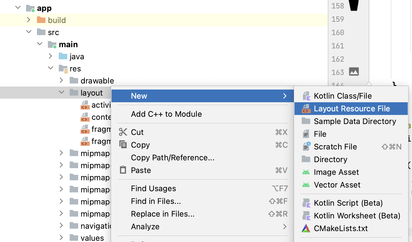 Volet Project (Projet) Android Studio ouvert avec une option permettant de créer un fichier de ressources de mise en page.