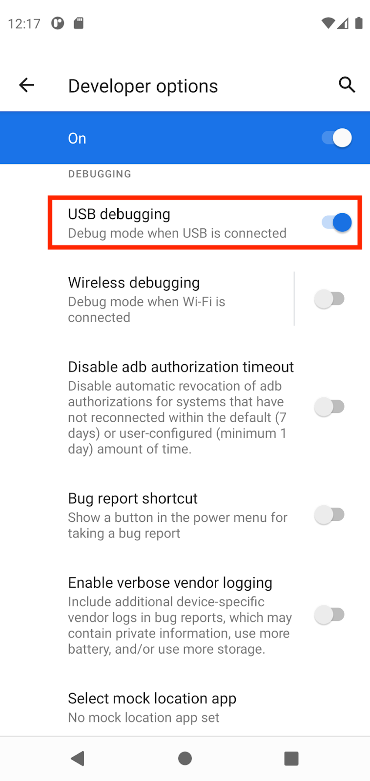 Developer options This image shows the Options page with USB debugging toggled on and boxed in red.