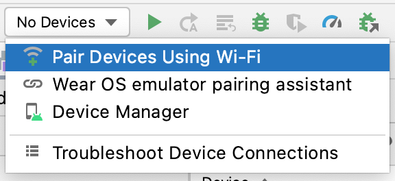 기기 페어링 이 이미지는 Pair Devices Using Wi-Fi가 선택된 드롭다운 메뉴를 보여줍니다.