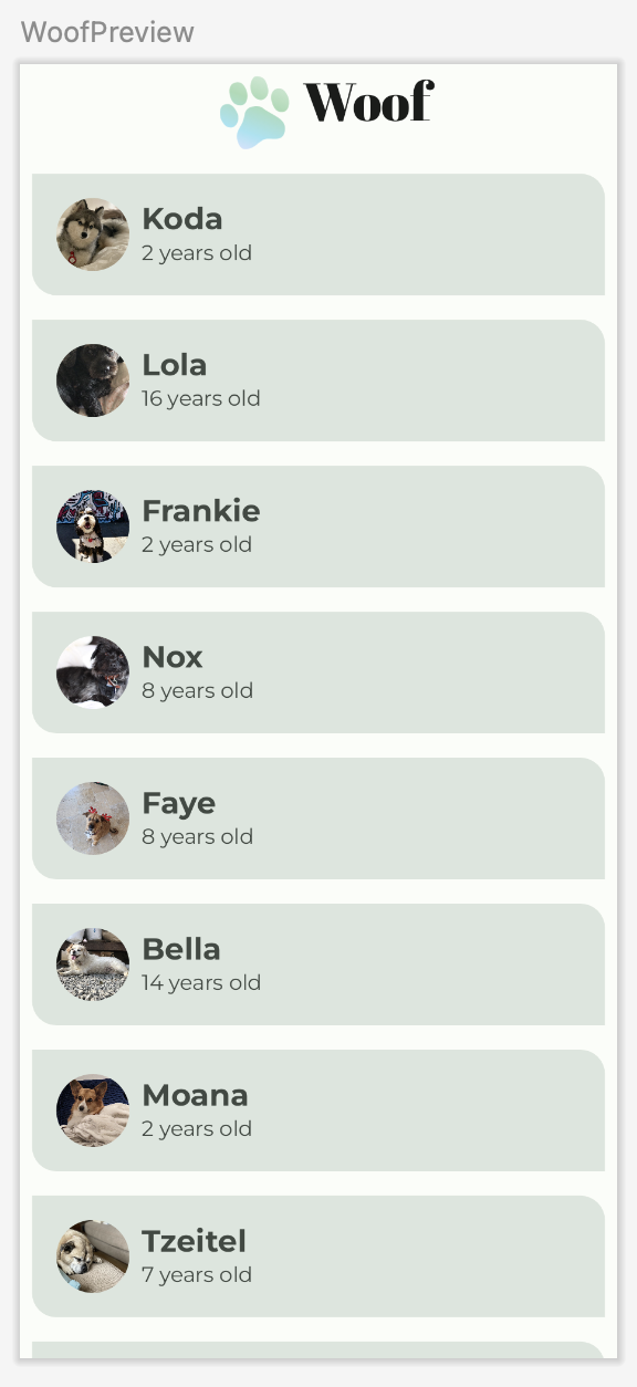 Aperçu de l&#39;application Woof avec la barre d&#39;application supérieure