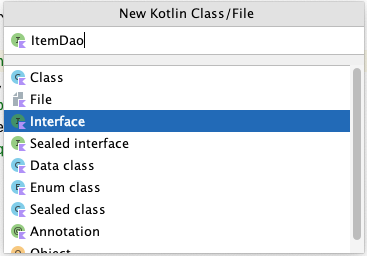 new kotlin class popup with interface seleted  name field is filled in as item dao