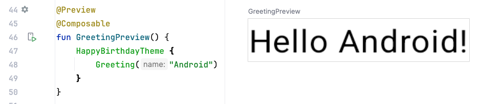 Android Studio 屏幕截图,显示了代码和预览