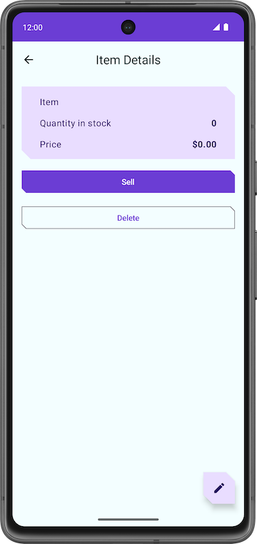 Item details screen with empty data