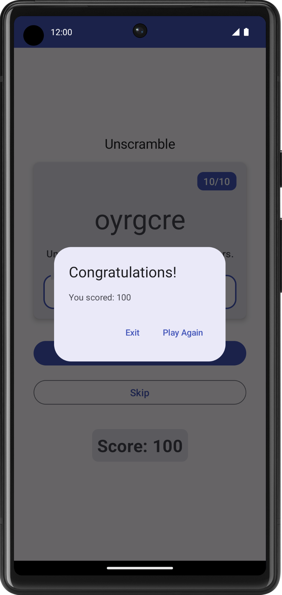 Game screen with a congratulations dialog showing the final score and, option to exit or play again.  c6727347fe0db265.png