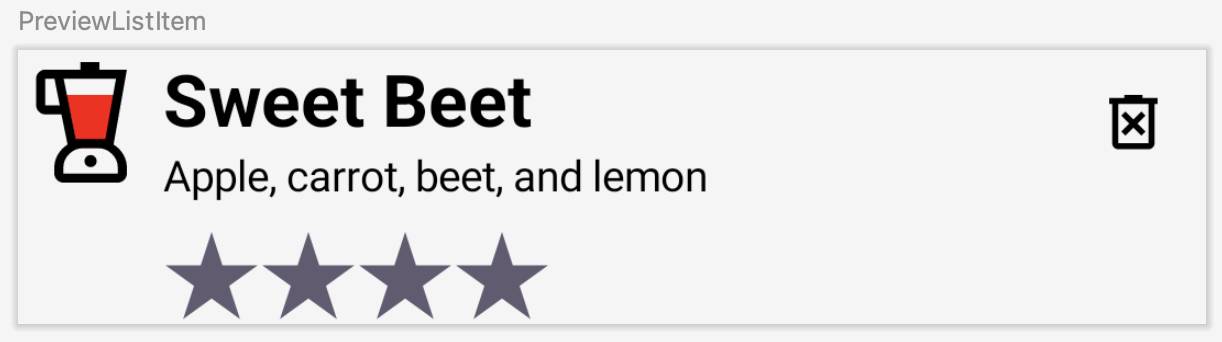 Android Studio 清單項目預覽畫面,內含甜菜根果汁的詳細資料