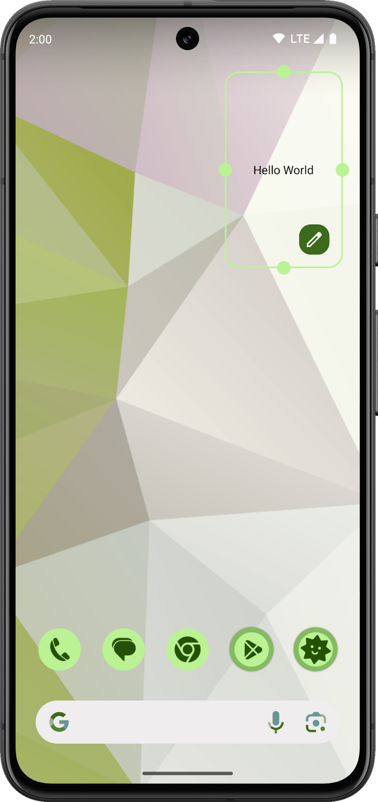 An Android Home Screen featuring the work in progress widget. The widget is transparent and shows the message