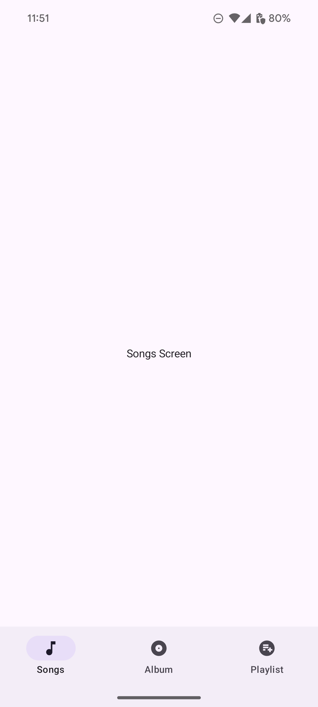 หน้าจอแอปที่มีปลายทาง 3 แห่งแสดงในแนวนอนในแถบ Bottom Navigation ได้แก่ เพลง อัลบั้ม และเพลย์ลิสต์ ปลายทางแต่ละแห่งจะมีไอคอนที่เกี่ยวข้องจับคู่กัน (เช่น โน้ตเพลงสำหรับ "เพลง")