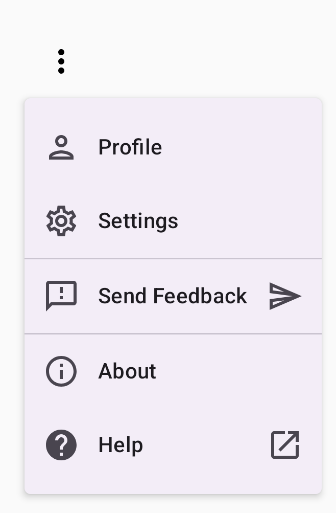 Um menu suspenso com seções para "Perfil", "Configurações", "Enviar feedback", "Sobre" e "Ajuda". Cada opção tem um ícone, como uma pessoa para "Perfil".