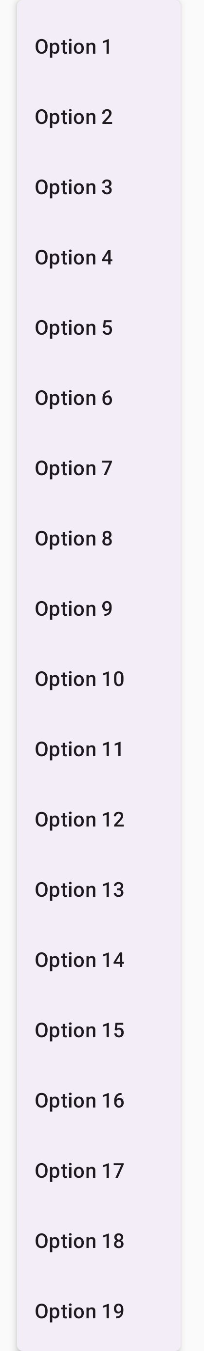 Um menu suspenso com muitas opções, exigindo rolagem para ver todos os
itens.