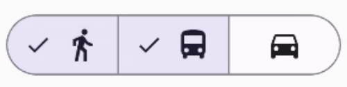Un composant de bouton segmenté avec les options "Marcher", "À vélo" et "En voiture" est affiché. Les options "À pied" et "En transports en commun" sont actuellement sélectionnées.