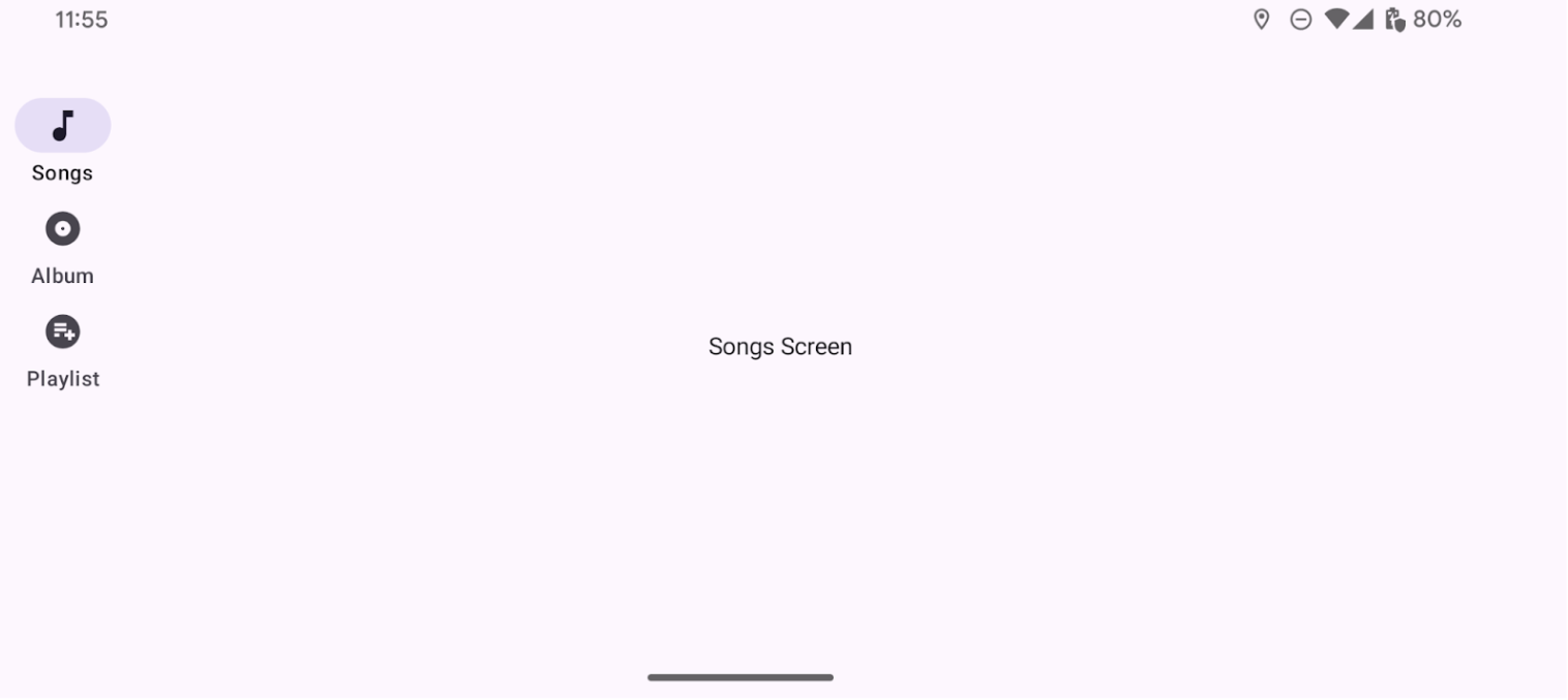 Kolom samping navigasi vertikal dengan 3 tujuan dan ikon terkait: Lagu, Album, dan Playlist. Ikon secara visual menunjukkan tujuan setiap tombol navigasi di panel samping. Setiap tujuan memiliki ikon yang relevan yang dipasangkan dengannya (misalnya, not musik untuk