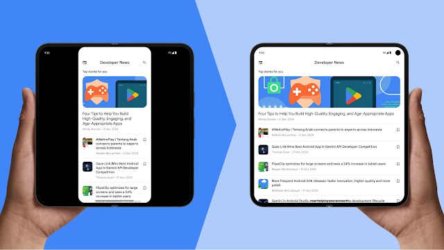 L'application est mise en boîte aux lettres sur un appareil à grand écran déplié avant Android 16, mais elle est en plein écran lorsqu'elle cible Android 16. L'application affiche plus d'articles d'actualités en plein écran qu'en mode letterbox.