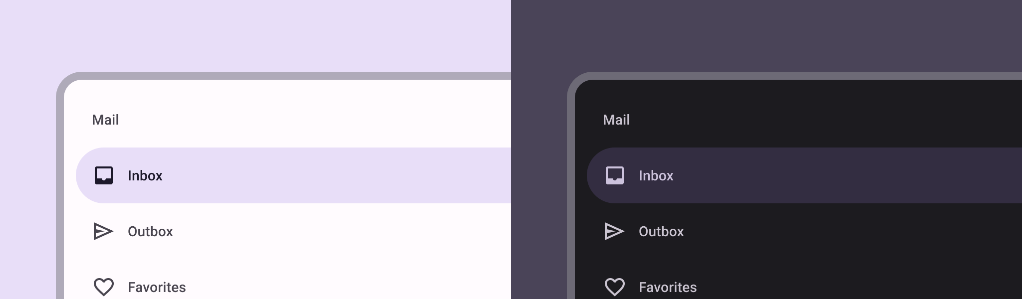 Beispiel für eine Navigationsleiste im Material Design 3 im hellen und dunklen Modus