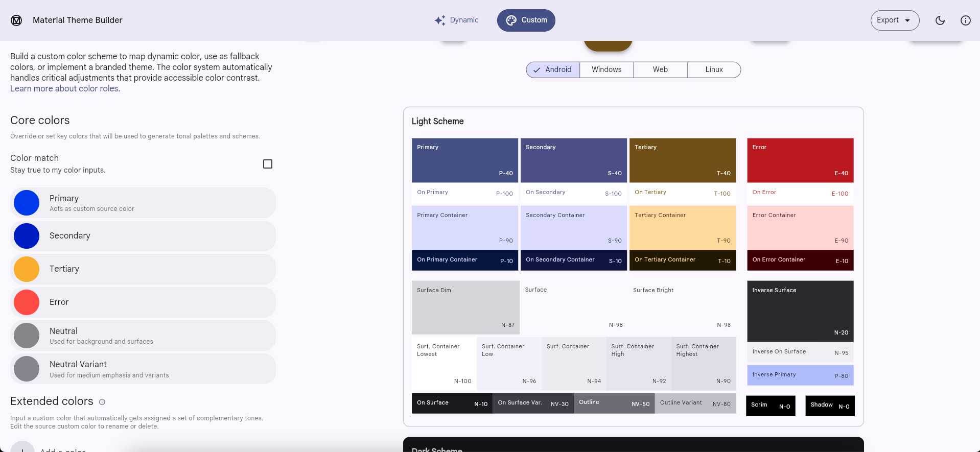 رنگهای M2 در Material Theme Builder برای ایجاد یک طرح رنگی M3 استفاده میشوند
