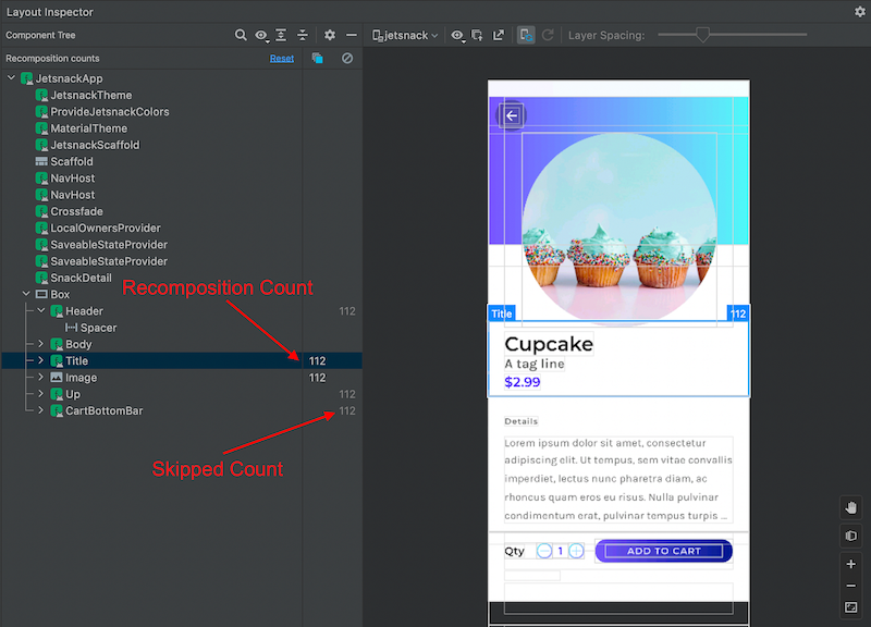 Layout Inspector&#39;da yeniden oluşturma ve atlama sayıları