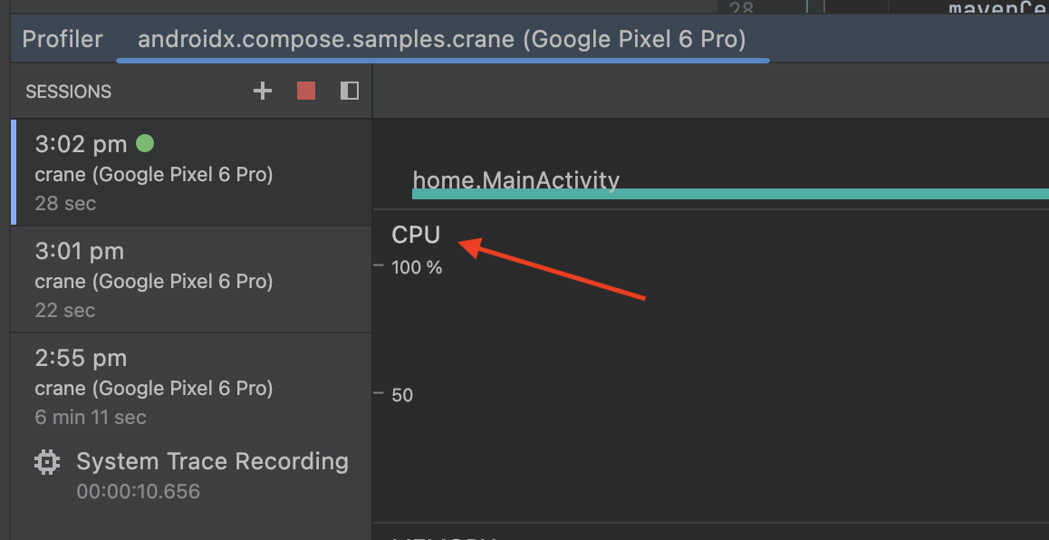 Profiler di Android Studio - Cronologia della CPU