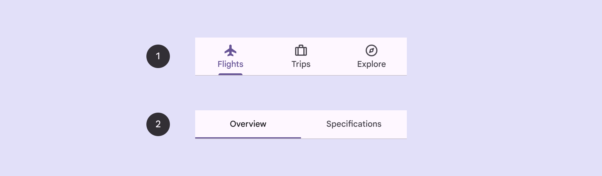 Sono mostrate tre schede principali con le icone associate (Voli, Viaggi ed Esplora). Vengono visualizzate due schede secondarie (Panoramica, Specifiche) senza icone associate.