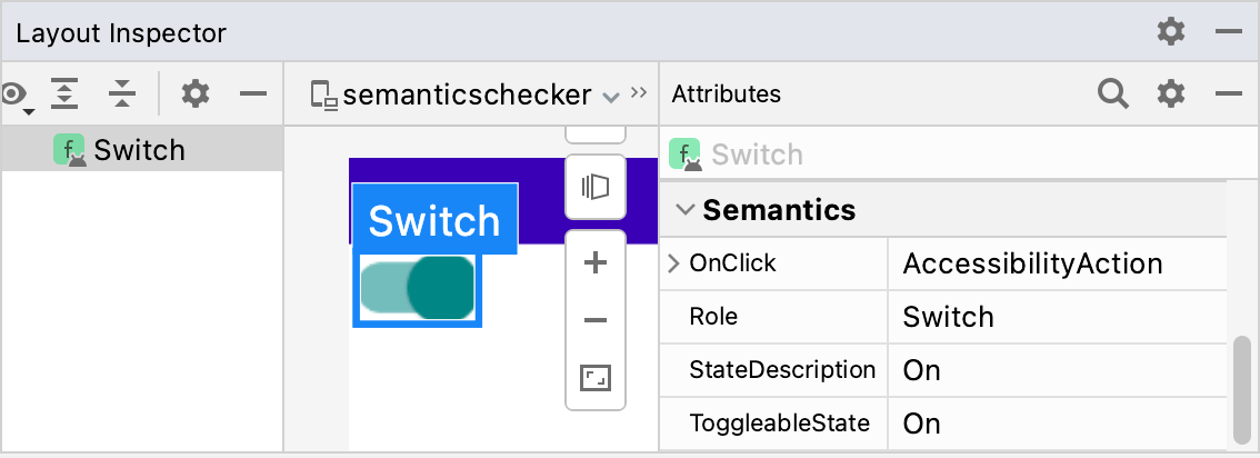 Layout Inspector که ویژگیهای Semantics یک Switch را نشان میدهد