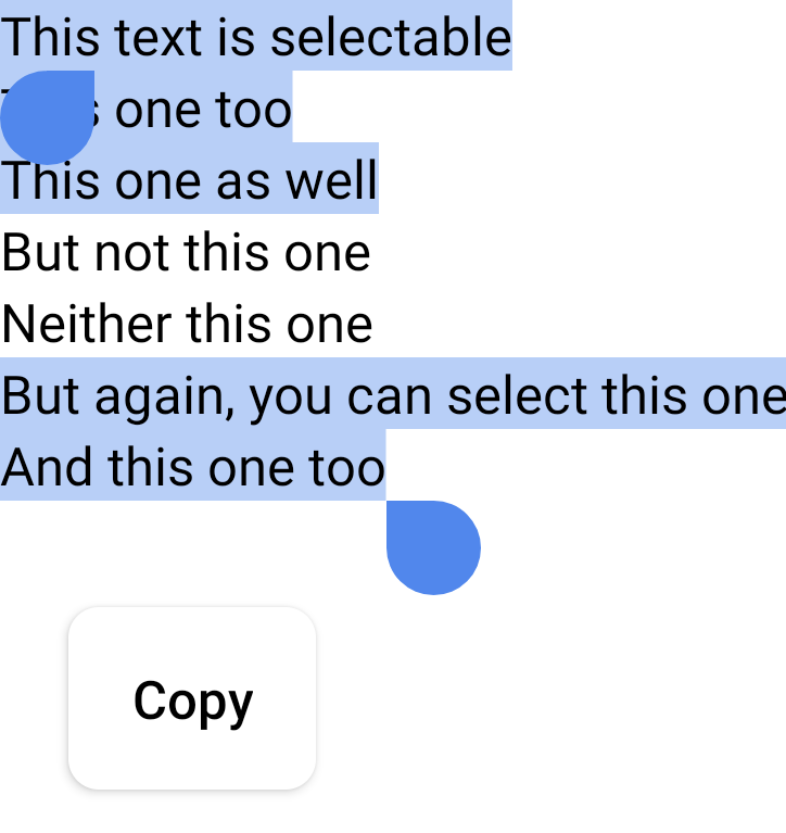 مقطع نصي أطول حاول المستخدم اختيار المقطع بأكمله، ولكن بما أنّ سطرَين تم تطبيق DisableSelection عليهما، لم يتم اختيارهما.