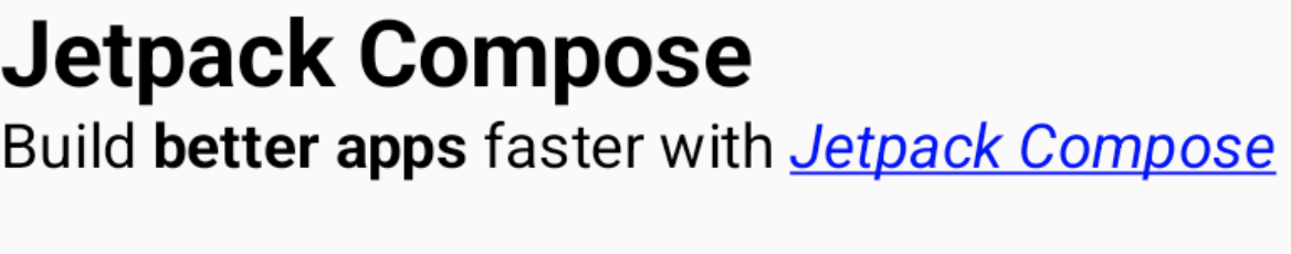 Nagłówek H1 „Jetpack Compose” z tekstem „Twórz lepsze aplikacje za pomocą Jetpack Compose”, gdzie Jetpack Compose jest klikalnym linkiem w kolorze niebieskim, podkreślonym i zapisanym kursywą.