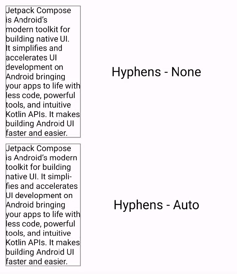 A paragraph without hyphenation enabled and a paragraph with hyphenation enabled.
When hyphenation is enabled, a word is hyphenated and split across two lines.
