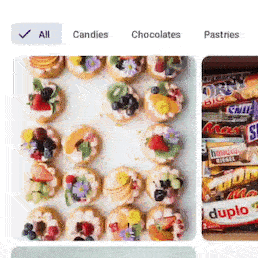 Animation d'une application montrant une navigation horizontale en haut et une liste d'éléments en dessous.
