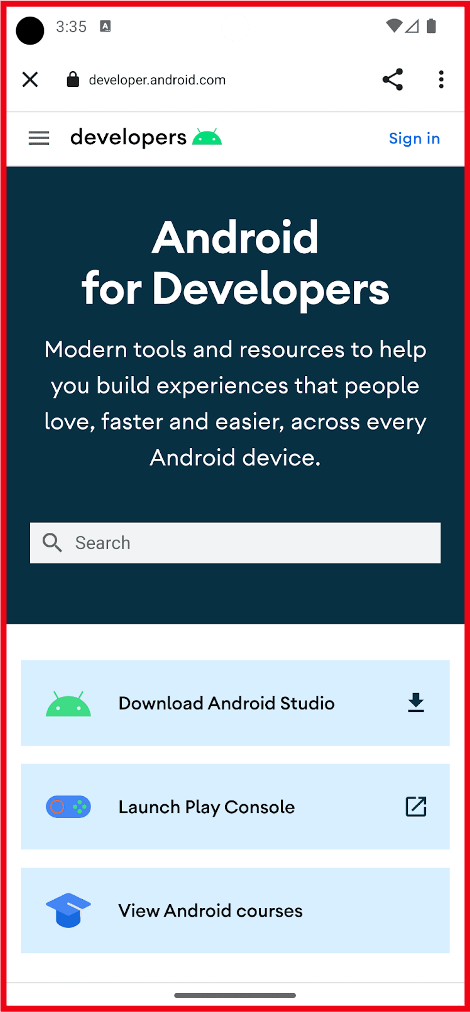 Custom tab open to Android For Developers web page, highlighted.