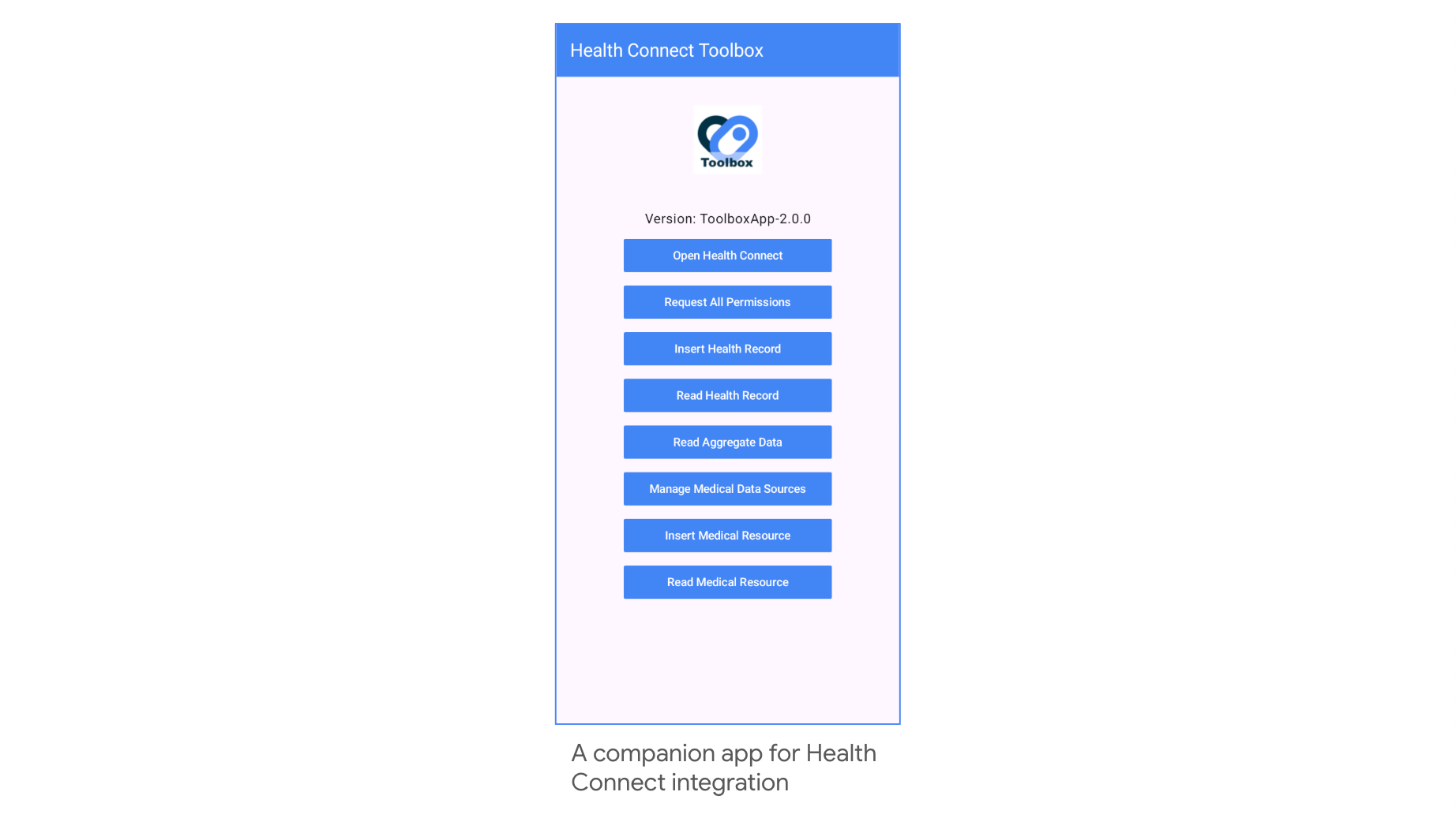 Health Connect Toolbox 应用显示为完整界面。