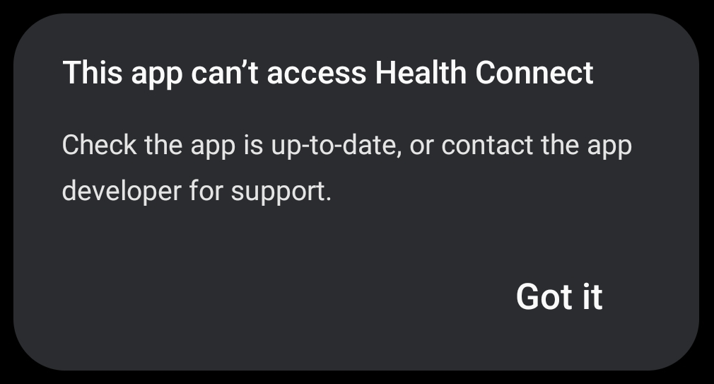 Một hộp thoại cho người dùng biết rằng ứng dụng không thể truy cập vào Health Connect.