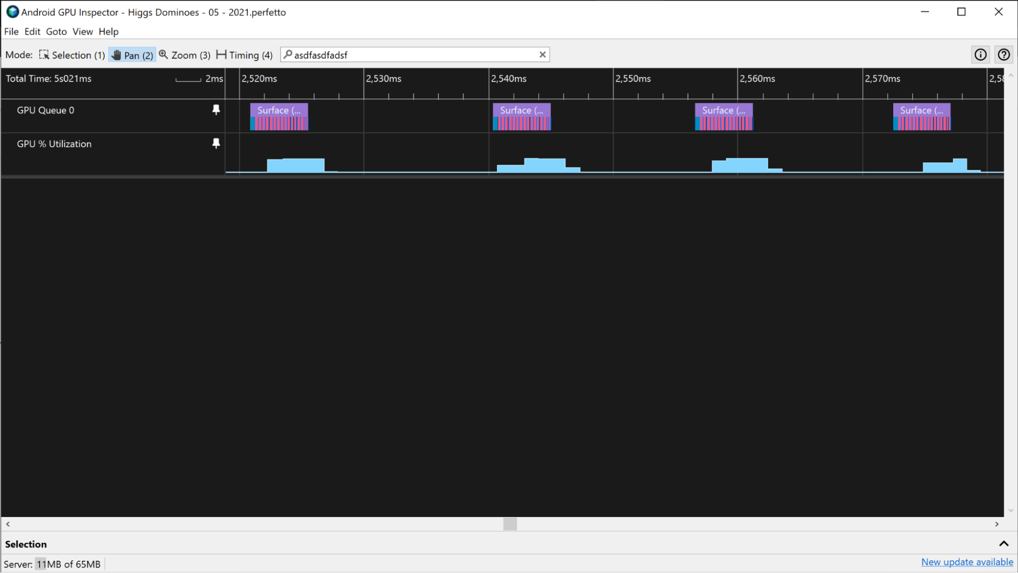Capture d'écran du pourcentage d'utilisation du GPU et des pistes de file d'attente du GPU sur un appareil Adreno.