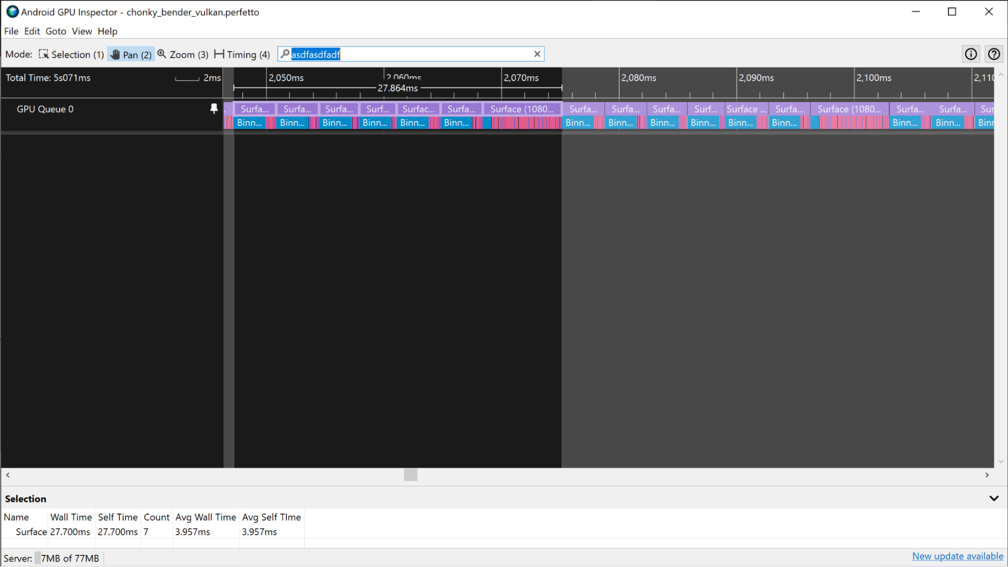 Capture d'écran d'une application fortement liée au GPU avec un modèle de passage de rendu qui permet d'identifier les limites de frame.