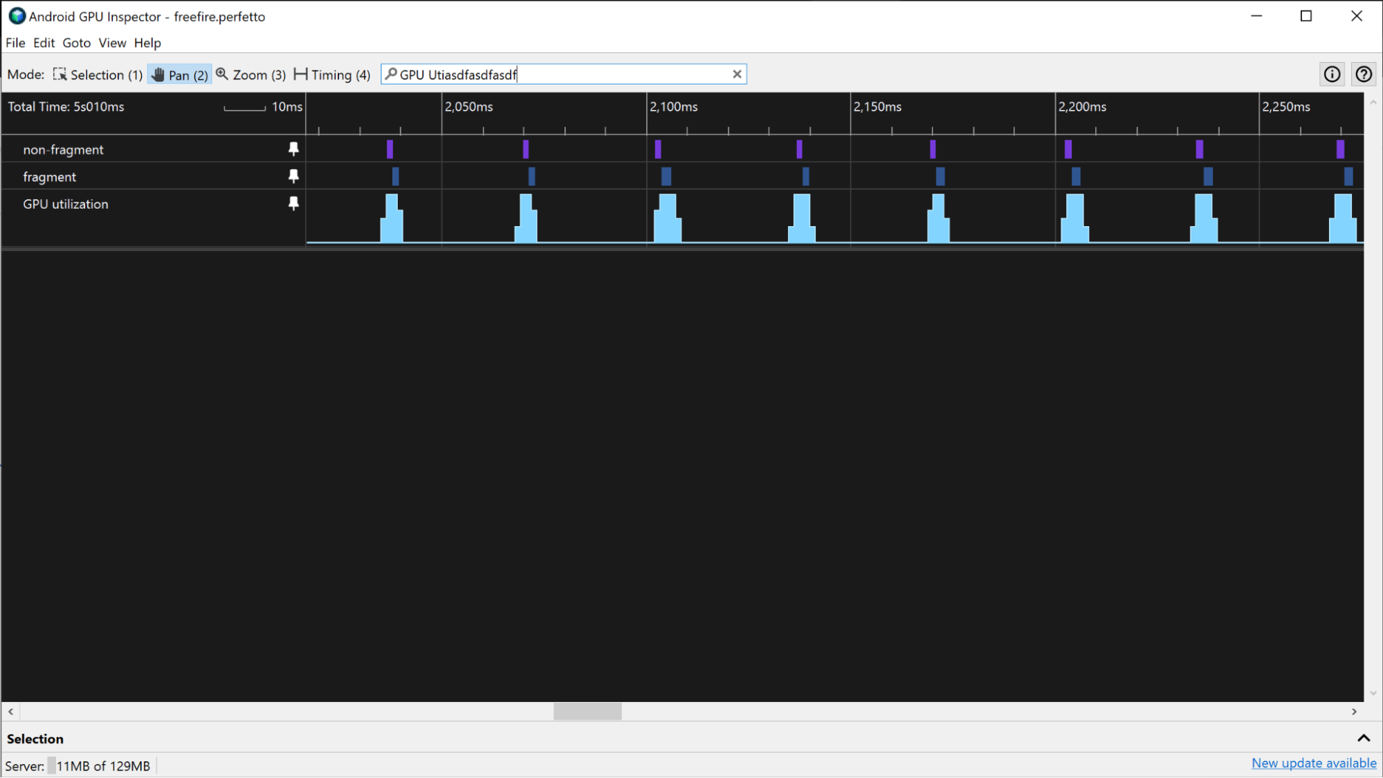 Capture d'écran des pistes d'utilisation et de file d'attente du GPU sur un appareil Mali.