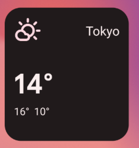 En küçük 3x2 ızgara boyutunda, konum adını (Tokyo), sıcaklığı (14°) ve parçalı bulutlu havayı gösteren sembolü listeleyen örnek hava durumu widget'ı