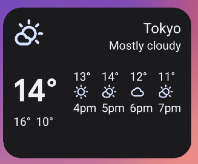 4x2 "orta" boyutunda hava durumu widget'ı örneği. Bu şekilde widget'ı yeniden boyutlandırmak, önceki widget boyutundaki tüm kullanıcı arayüzünü temel alır ve "Çoğunlukla bulutlu" etiketini ve 16:00-19:00 arasındaki sıcaklık tahminini ekler.