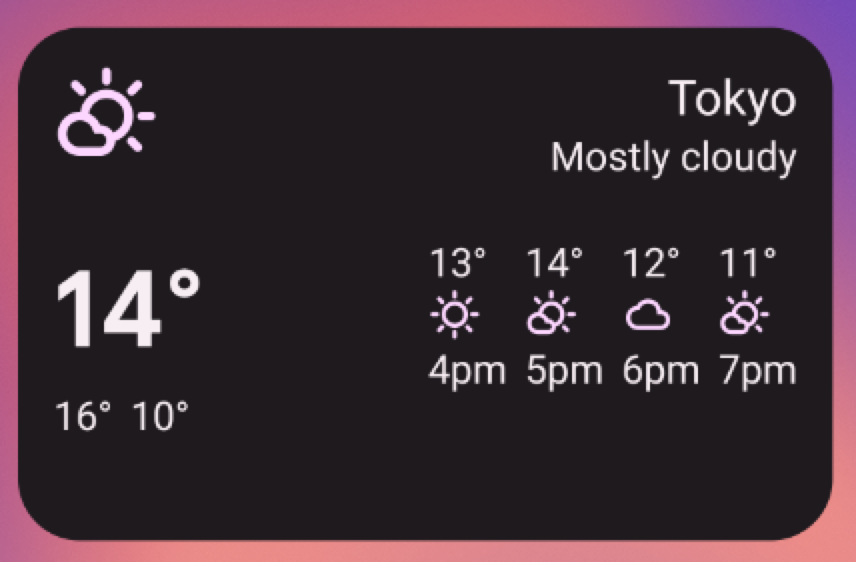 Contoh widget cuaca yang menampilkan Tokyo dengan kondisi sebagian besar berawan, suhu 14 derajat, dan perkiraan suhu mulai pukul 16.00 hingga 19.00