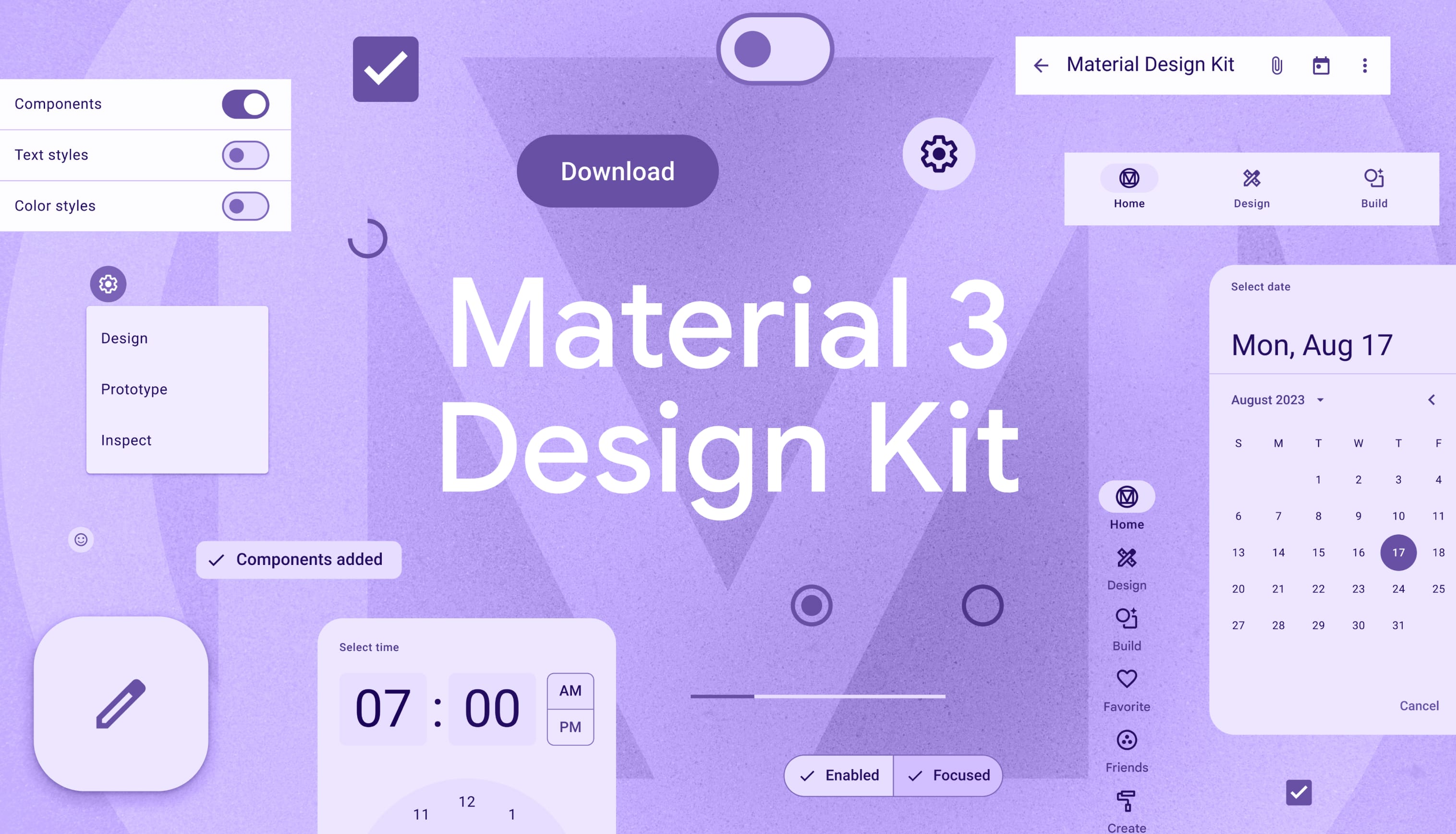 קולאז' של אלמנטים מחבילת העיצוב של Material 3