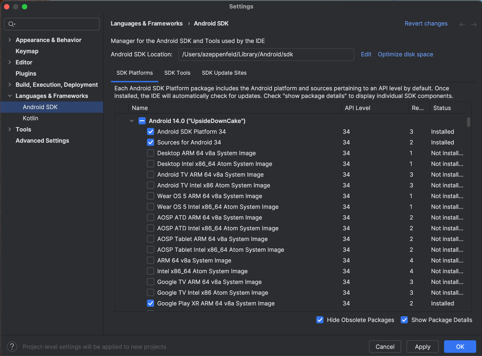 Android Studio SDK platform ekranı