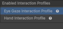 Configurações do Unity para perfis de interação ativados