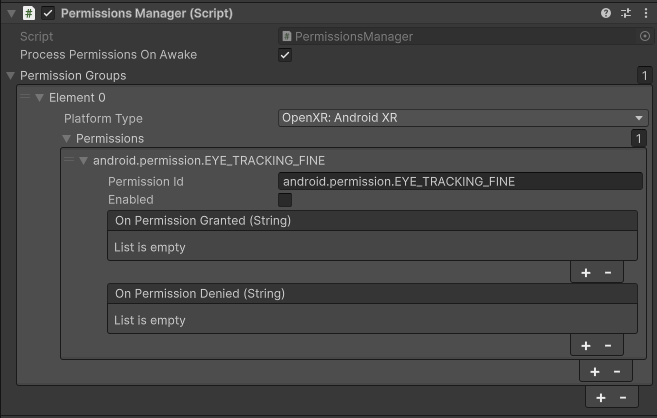 הגדרות Unity לקבוצות של הרשאות עם ההרשאה android.permission.EYE_TRACKING_FINE שהתבקשה