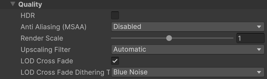 Activo de canalización de renderización universal que se muestra con la configuración recomendada