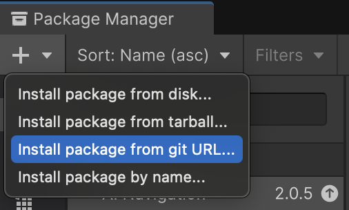 Exemplo do botão "Install package from git URL" na interface