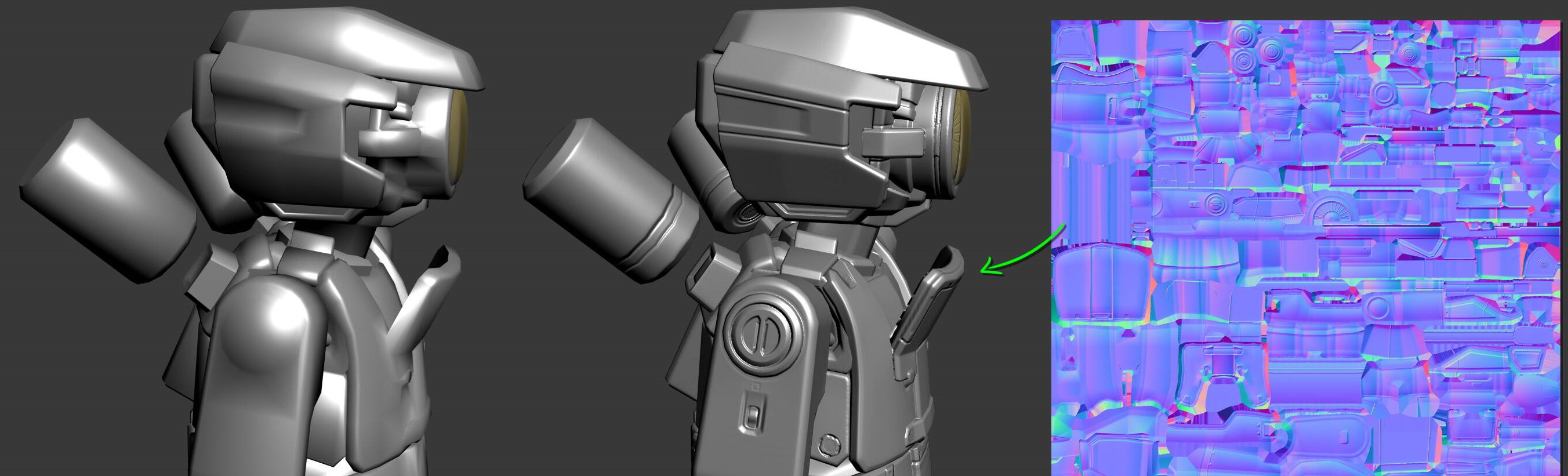 מודל שעבר רינדור עם מפת נורמלים ובלי מפת נורמלים