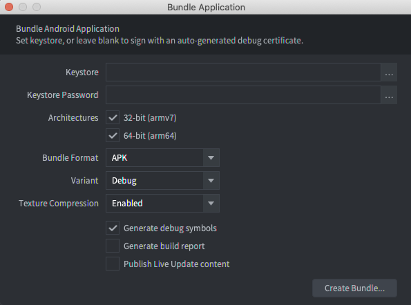 Fenêtre Bundle Application (Création d'un bundle d'application) de Defold