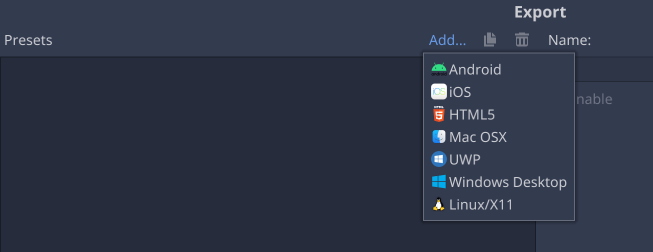 Fenêtre d'exportation dans Godot