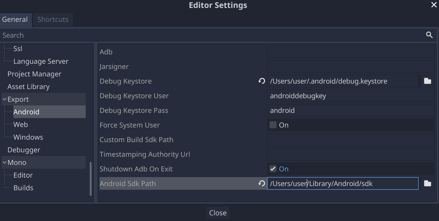Paramètre du chemin du SDK Android dans les paramètres de l'éditeur Godot