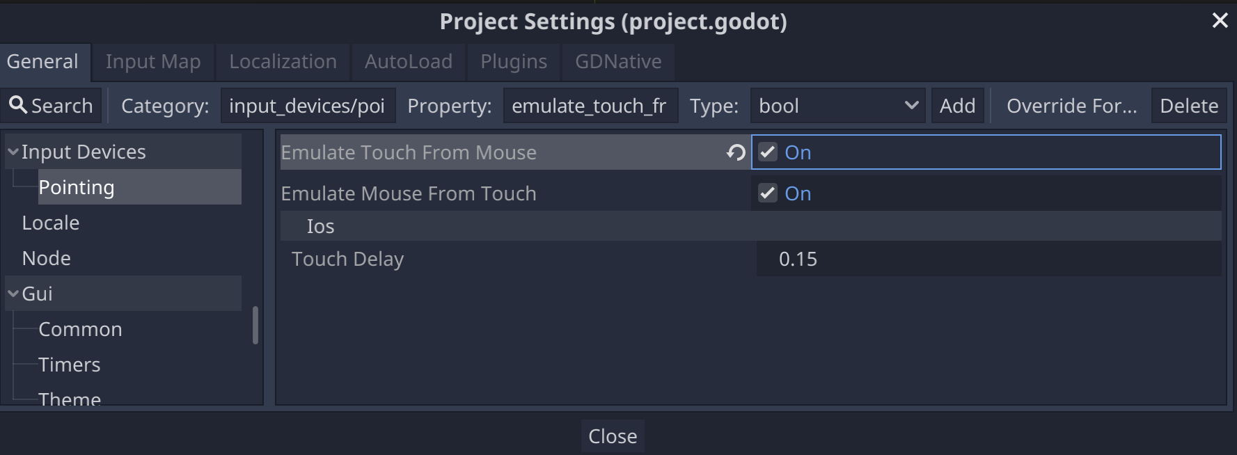 Paramètres de projet Godot pour les périphériques d'entrée