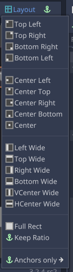 Menu déroulant de mise en page dans l'éditeur Godot