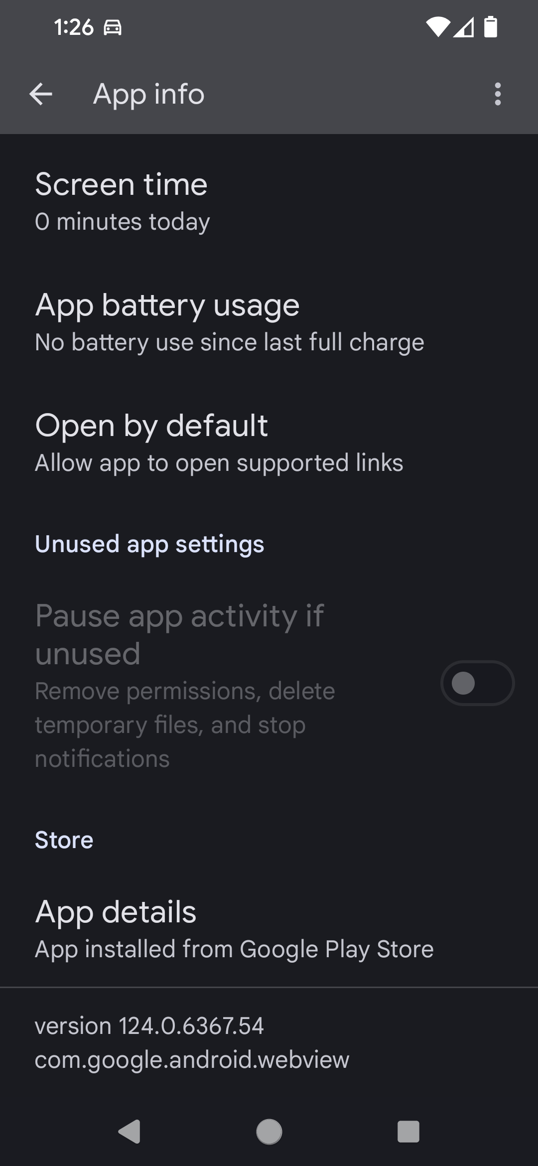 應用程式資訊畫面，顯示 WebView 版本。